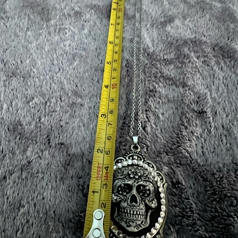 Diamonds and Coal Crystal Sugar Skull Pendant Necklace 12in